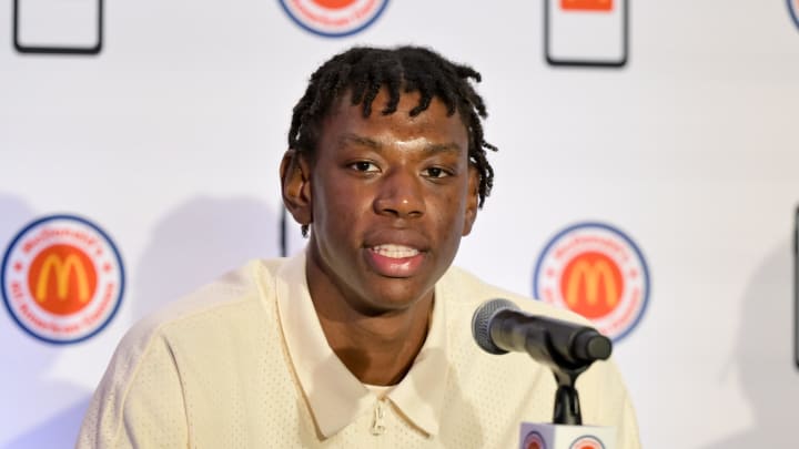 Apr 1, 2024; Houston, TX, USA; McDonald's All American West center Aiden Sherrell speaks during a press conference at JW Marriott Houston by The Galleria. Mandatory Credit: Maria Lysaker-USA TODAY Sports