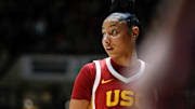 USC Trojans guard JuJu Watkins (12) looks down court Wednesday, Jan. 22, 2025, during the NCAA women’s basketball game against the Purdue Boilermakers at Mackey Arena in West Lafayette, Ind. USC Trojans won 79-37.
