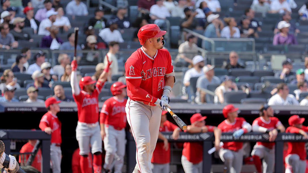 Apr 16, 2026; Bronx, New York, USA; Los Angeles Angels designated hitter Mike Trout (27) watches his solo home run against the New York Yankees during the seventh inning at Yankee Stadium. Mandatory Credit: Brad Penner-Imagn Images