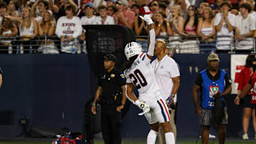 Aug 31, 2024; Tucson, Arizona, USA; Arizona Wildcats defensive back Marquis Groves-Killebrew (20) celebrates a blocked pass during first quarter at Arizona Stadium. Mandatory Credit: Aryanna Frank-Imagn Images