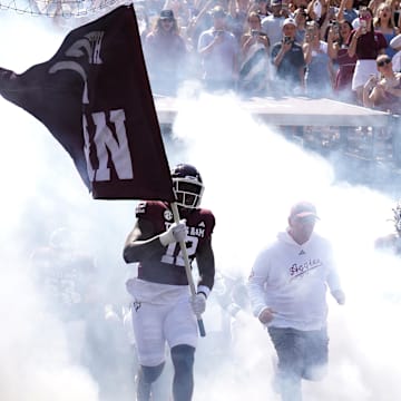 Sep 7, 2024; College Station, Texas, USA; Texas A&M Aggies takes the field before the game against the McNeese State Cowboys at Kyle Field. Mandatory Credit: Dustin Safranek-Imagn Images