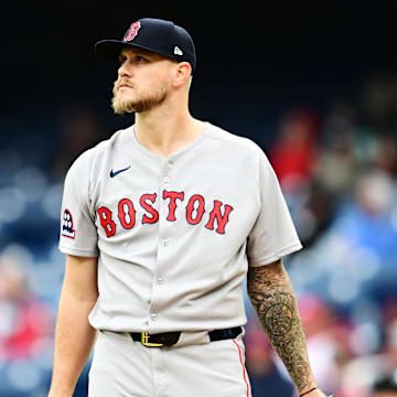 Apr 26, 2025; Cleveland, Ohio, USA; Boston Red Sox starting pitcher Tanner Houck (89) reacts after giving up his fourth run during the first inning against the Cleveland Guardians at Progressive Field. Mandatory Credit: Ken Blaze-Imagn Images