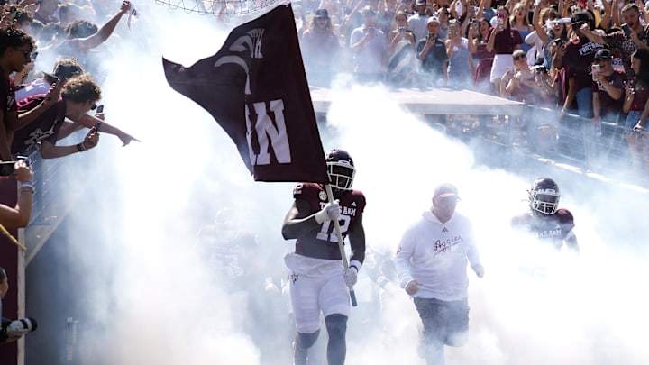 Sep 7, 2024; College Station, Texas, USA; Texas A&M Aggies takes the field before the game against the McNeese State Cowboys at Kyle Field. Mandatory Credit: Dustin Safranek-Imagn Images