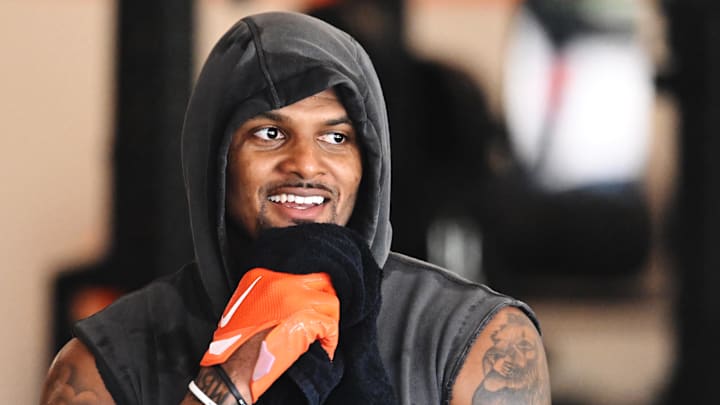 Jun 12, 2025; Berea, OH, USA; Cleveland Browns quarterback Deshaun Watson (4) works out during mini camp at CrossCountry Mortgage Campus. Mandatory Credit: Ken Blaze-Imagn Images
