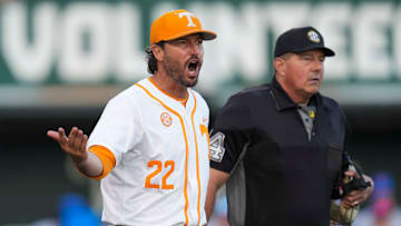 Tennessee baseball head coach Tony Vitello disagrees with a call by the umpires during a NCAA baseball game between the Tennessee Volunteers and Florida Gators at Lindsey Nelson Stadium in Knoxville, Tenn., on Friday, March 14, 2025.