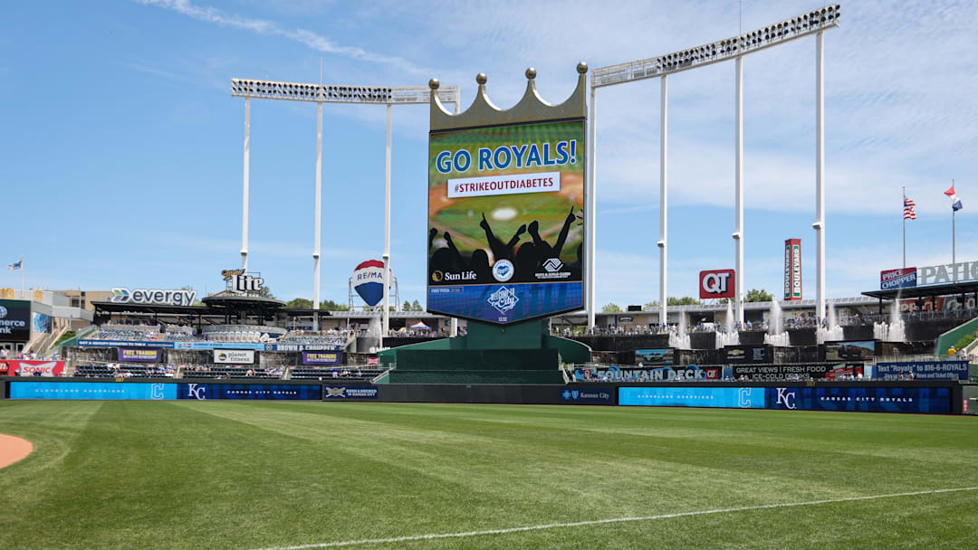 Jun 30, 2024; Kansas City, Missouri, USA; Crown scoreboard prior to the game between the Kansas City Royals and the Cleveland Guardians at Kauffman Stadium. Mandatory Credit: William Purnell-Imagn Images