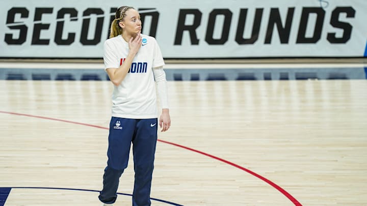 Mar 25, 2024; Storrs, Connecticut, USA; UConn Huskies guard Paige Bueckers (5) on the court for warm up before the game against the Syracuse Orange at Harry A. Gampel Pavilion. Mandatory Credit: David Butler II-Imagn Images