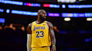 Mar 6, 2025; Los Angeles, California, USA; Los Angeles Lakers forward LeBron James (23) against the New York Knicks during the second half at Crypto.com Arena. Mandatory Credit: Gary A. Vasquez-Imagn Images
