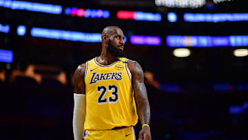 Mar 6, 2025; Los Angeles, California, USA; Los Angeles Lakers forward LeBron James (23) against the New York Knicks during the second half at Crypto.com Arena. Mandatory Credit: Gary A. Vasquez-Imagn Images
