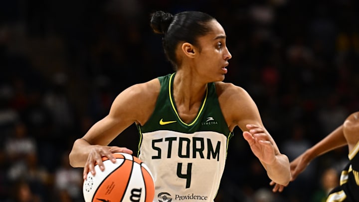 Jul 26, 2025; Washington, District of Columbia, USA;  Seattle Storm guard Skylar Diggins (4) advances the ball during the first quarter against the Washington Mystics at CareFirst Arena. Mandatory Credit: James A. Pittman-Imagn Images