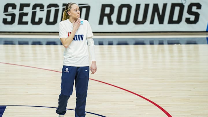 Mar 25, 2024; Storrs, Connecticut, USA; UConn Huskies guard Paige Bueckers (5) on the court for warm up before the game against the Syracuse Orange at Harry A. Gampel Pavilion. Mandatory Credit: David Butler II-Imagn Images