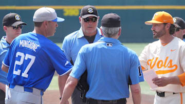 Tennessee baseball coach Tony Vitello shakes hands with Kentucky baseball coach Nick Mingione before the start of their NCAA college baseball game on April 20, 2025, in Knoxville, Tenn.