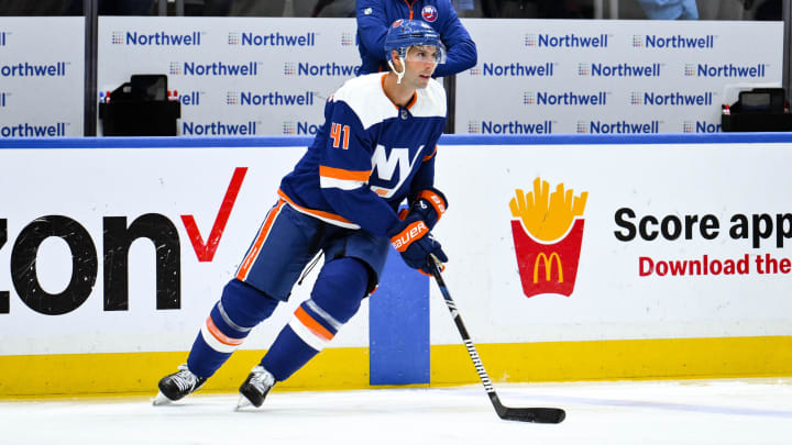 Dec 9, 2023; Elmont, New York, USA; New York Islanders defenseman Robert Bortuzzo (41) warms up before a game against the Los Angeles Kings at UBS Arena. Mandatory Credit: John Jones-USA TODAY Sports