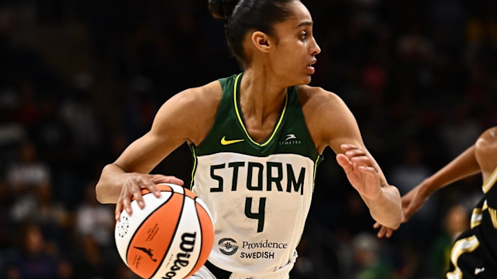 Jul 26, 2025; Washington, District of Columbia, USA;  Seattle Storm guard Skylar Diggins (4) advances the ball during the first quarter against the Washington Mystics at CareFirst Arena. Mandatory Credit: James A. Pittman-Imagn Images