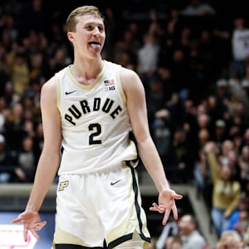 Purdue Boilermakers guard Fletcher Loyer (2) celebrates after making a basket