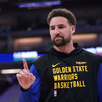 Apr 16, 2024; Sacramento, California, USA; Golden State Warriors guard Klay Thompson (11) warms up before a play-in game against the Sacramento Kings in the 2024 NBA playoffs at the Golden 1 Center. Mandatory Credit: Cary Edmondson-USA TODAY Sports