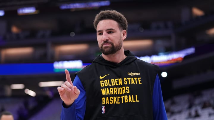 Apr 16, 2024; Sacramento, California, USA; Golden State Warriors guard Klay Thompson (11) warms up before a play-in game against the Sacramento Kings in the 2024 NBA playoffs at the Golden 1 Center. Mandatory Credit: Cary Edmondson-USA TODAY Sports