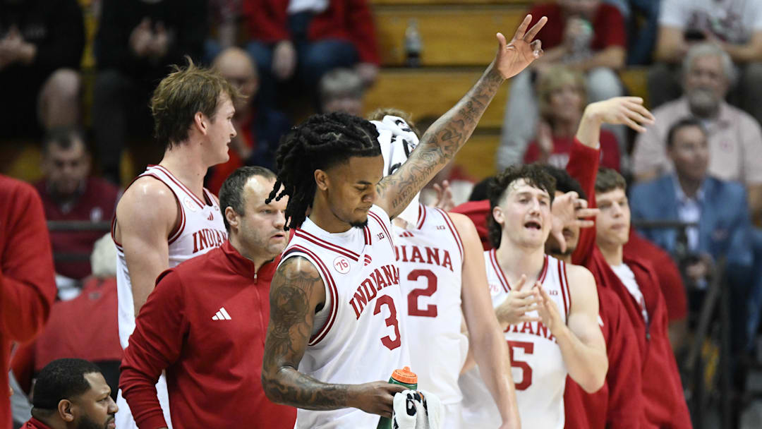 Nov 5, 2025; Bloomington, Indiana, USA; Indiana Hoosiers guard Lamar Wilkerson (3) celebrates from the bench during the second half against the Alabama A&M Bulldogs at Simon Skjodt Assembly Hall. Mandatory Credit: Robert Goddin-Imagn Images