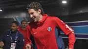 Nov 8, 2023; Charlotte, North Carolina, USA; Washington Wizards center Mike Muscala (35) enters the arena before the game against the Charlotte Hornets at the Spectrum Center. Mandatory Credit: Sam Sharpe-Imagn Images