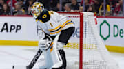Mar 13, 2025; Ottawa, Ontario, CAN; Boston Bruins goalie Jeremy Swayman (1) looks up the ice prior to the start of game against the Ottawa Senators at the Canadian Tire Centre. Mandatory Credit: Marc DesRosiers-Imagn Images