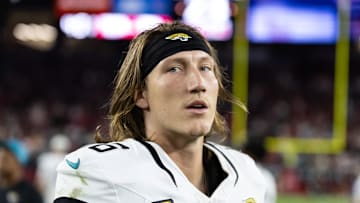 Nov 23, 2025; Glendale, Arizona, USA; Jacksonville Jaguars quarterback Trevor Lawrence (16) against the Arizona Cardinals at State Farm Stadium. 