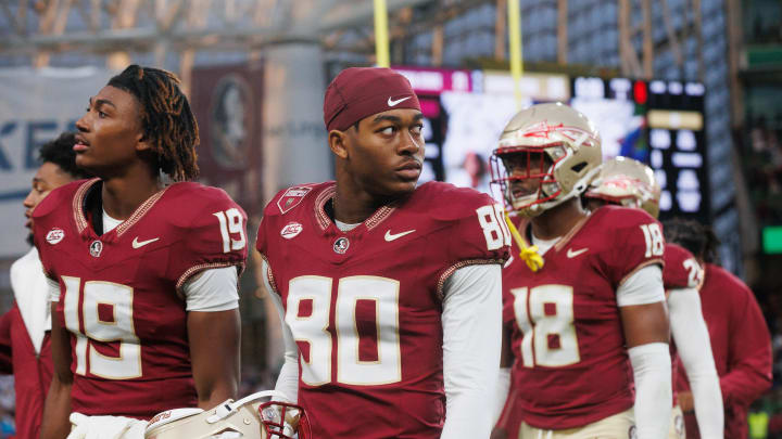 Aug 24, 2024; Dublin, IRL; Florida State University wide receiver BJ Gibson reacts after their loss to Georgia Tech at Aviva Stadium. Mandatory Credit: Tom Maher/INPHO via USA TODAY Sports