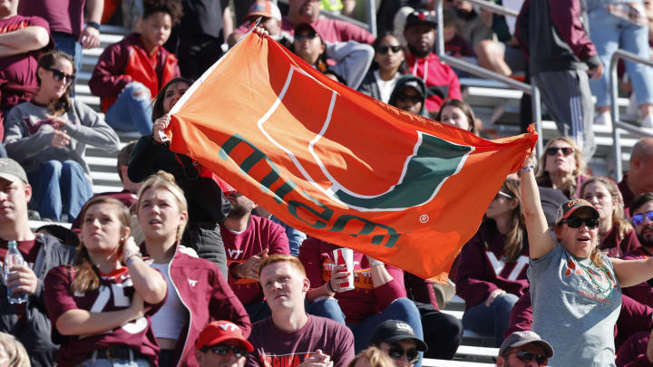 Oct 15, 2022; Blacksburg, Virginia, USA;  Miami Hurricanes fans cheer during the second half against the Virginia Tech Hokies at Lane Stadium. Mandatory Credit: Reinhold Matay-USA TODAY Sports