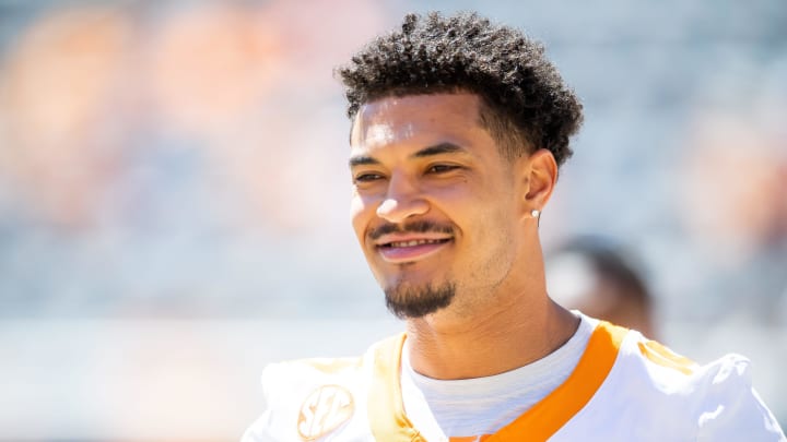 Tennessee wide receiver Bru McCoy (15) during Tennessee's Orange & White spring football game at Neyland Stadium on Saturday, April 13, 2024.