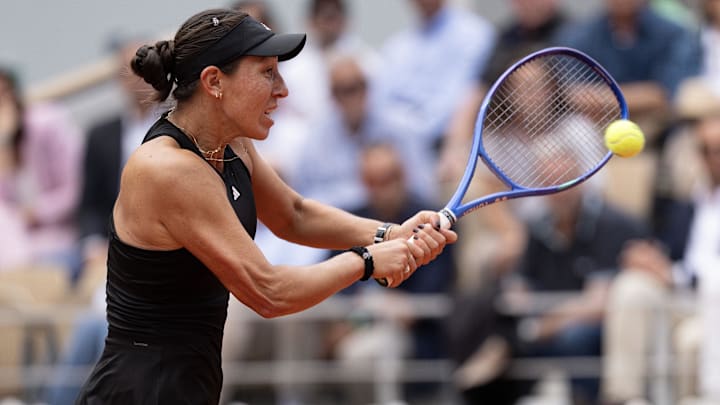Jessica Pegula returns a shot during her match against Lois Boisson at the 2025 French Open. Jessica Pegula returns a shot during her match against Lois Boisson at the 2025 French Open.