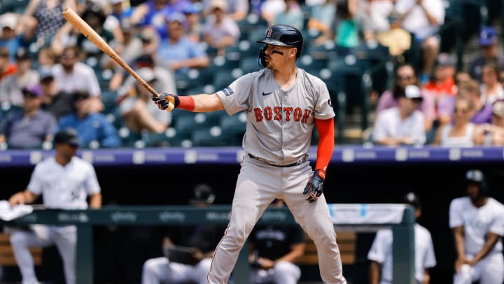 Jul 24, 2024; Denver, Colorado, USA; Boston Red Sox catcher Reese McGuire (3) in the fourth inning against the Colorado Rockies at Coors Field.