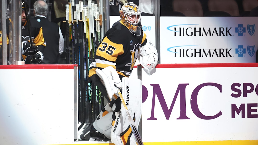 Apr 13, 2025; Pittsburgh, Pennsylvania, USA;  Pittsburgh Penguins goaltender Tristan Jarry (35) takes the ice against the Boston Bruins at PPG Paints Arena. Mandatory Credit: Charles LeClaire-Imagn Images