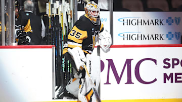 Apr 13, 2025; Pittsburgh, Pennsylvania, USA;  Pittsburgh Penguins goaltender Tristan Jarry (35) takes the ice against the Boston Bruins at PPG Paints Arena. Mandatory Credit: Charles LeClaire-Imagn Images