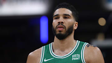 May 25, 2024; Indianapolis, Indiana, USA; Boston Celtics forward Jayson Tatum (0) reacts during the first quarter of game three of the eastern conference finals against the Indiana Pacers  in the 2024 NBA playoffs at Gainbridge Fieldhouse. Mandatory Credit: Trevor Ruszkowski-Imagn Images