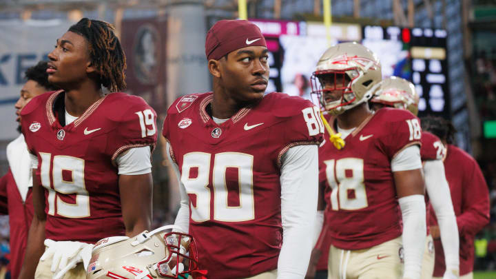 Aug 24, 2024; Dublin, IRL; Florida State University wide receiver BJ Gibson reacts after their loss to Georgia Tech at Aviva Stadium. Mandatory Credit: Tom Maher/INPHO via USA TODAY Sports