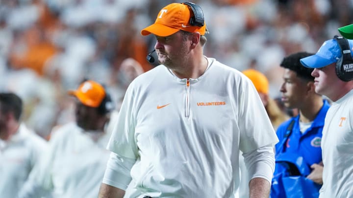 Tennessee head coach Josh Heupel during a NCAA football game between Tennessee and Florida in Neyland Stadium, in Knoxville, Tenn., Oct. 12, 2024. Tennessee head coach Josh Heupel during a NCAA football game between Tennessee and Florida in Neyland Stadium, in Knoxville, Tenn., Oct. 12, 2024.