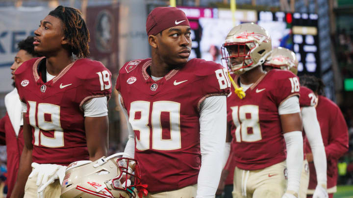 Aug 24, 2024; Dublin, IRL; Florida State University wide receiver BJ Gibson reacts after their loss to Georgia Tech at Aviva Stadium. Mandatory Credit: Tom Maher/INPHO via USA TODAY Sports