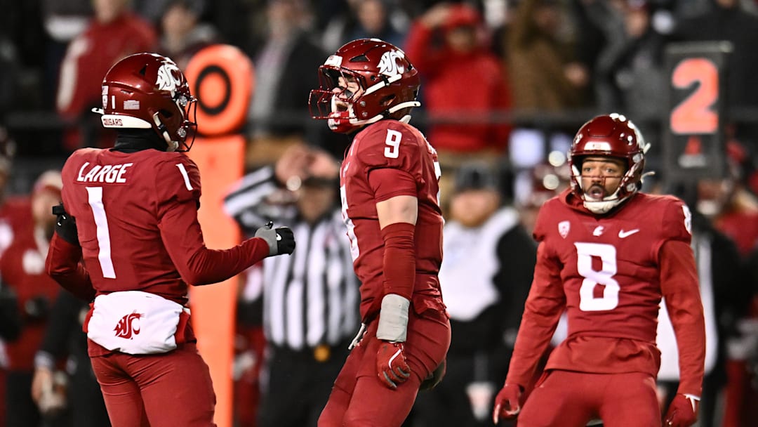 Nov 29, 2025; Pullman, Washington, USA; Washington State Cougars linebacker Caleb Francl (9) celebrate after an interception against the Oregon State Beavers in the first half at Gesa Field at Martin Stadium. Mandatory Credit: James Snook-Imagn Images