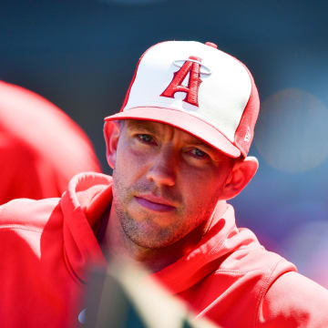 Jul 14, 2024; Anaheim, California, USA; Los Angeles Angels pitcher Tyler Anderson (31) watches game action against the Seattle Mariners during the eighth inning at Angel Stadium. Mandatory Credit: Gary A. Vasquez-USA TODAY Sports
