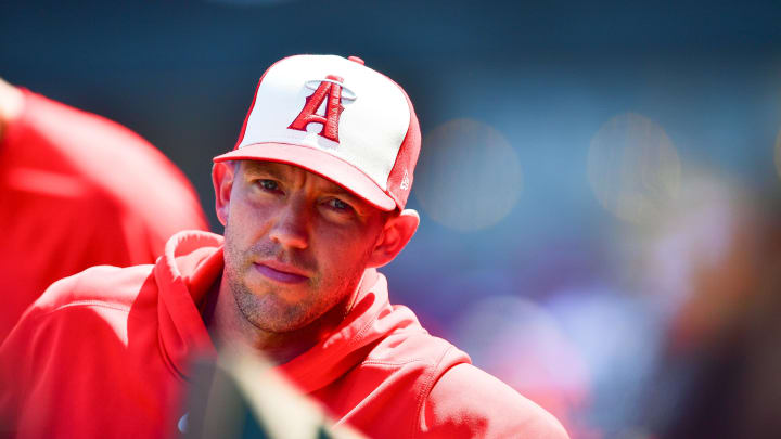 Jul 14, 2024; Anaheim, California, USA; Los Angeles Angels pitcher Tyler Anderson (31) watches game action against the Seattle Mariners during the eighth inning at Angel Stadium. Mandatory Credit: Gary A. Vasquez-USA TODAY Sports