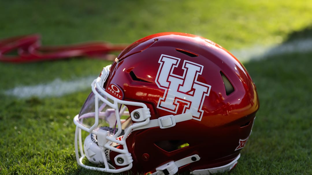 Oct 25, 2025; Tempe, Arizona, USA; Detailed view of a Houston Cougars helmet at Mountain America Stadium. Mandatory Credit: Mark J. Rebilas-Imagn Images