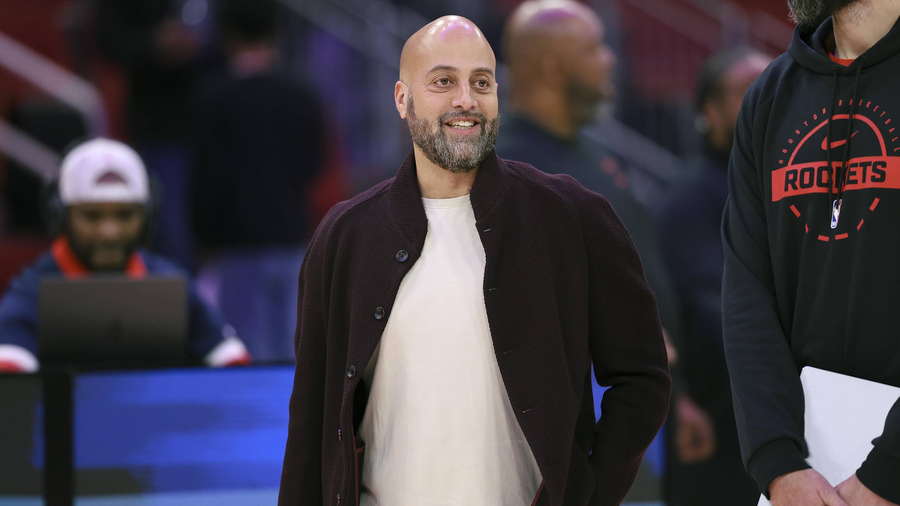 Jan 28, 2026; Houston, Texas, USA; Houston Rockets general manager Rafael Stone watches during practice before the game against the San Antonio Spurs at Toyota Center. Mandatory Credit: Troy Taormina-Imagn Images