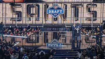 Apr 26, 2018; Arlington, TX, USA; NFL commissioner Roger Godell announces the pick of Texas-San Antonio defensive end Marcus Davenport by the New Orleans Saints during the 2018 NFL Draft at AT&T Stadium. Mandatory Credit: Jerome Miron-Imagn Images