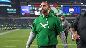 Nov 3, 2024; Philadelphia, Pennsylvania, USA; Philadelphia Eagles head coach Nick Sirianni walks off the field after win against the Jacksonville Jaguars at Lincoln Financial Field. Mandatory Credit: Eric Hartline-Imagn Images