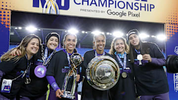Nov 23, 2024; Kansas City, Missouri, USA; The Orlando Pride celebrates after winning the 2024 NWSL Championship match at CPKC Stadium. Mandatory Credit: Kylie Graham-Imagn Images