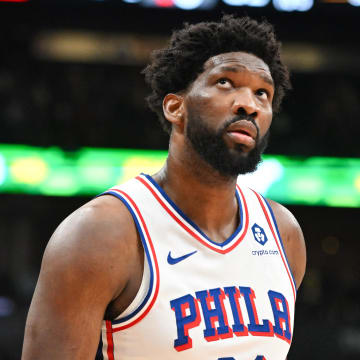 Oct 28, 2023; Toronto, Ontario, CAN;  Philadelphia 76ers center Joel Embiid (21) reacts to a foul call in the first half against the Toronto Raptors at Scotiabank Arena. Mandatory Credit: Dan Hamilton-USA TODAY Sports