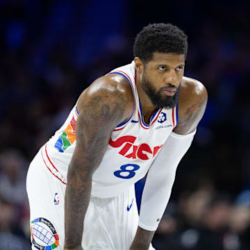 Mar 1, 2025; Philadelphia, Pennsylvania, USA; Philadelphia 76ers forward Paul George (8) looks on against the Golden State Warriors during the second quarter at Wells Fargo Center. Mandatory Credit: Bill Streicher-Imagn Images