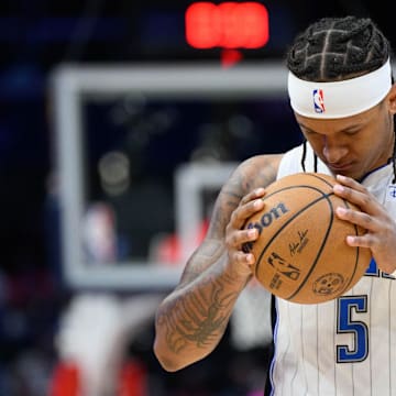 Mar 21, 2025; Washington, District of Columbia, USA; Orlando Magic forward Paolo Banchero (5) reacts before the game against the Washington Wizards at Capital One Arena. Mandatory Credit: Reggie Hildred-Imagn Images