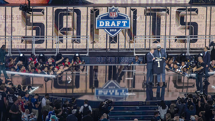 Apr 26, 2018; Arlington, TX, USA; NFL commissioner Roger Godell announces the pick of Texas-San Antonio defensive end Marcus Davenport by the New Orleans Saints during the 2018 NFL Draft at AT&T Stadium. Mandatory Credit: Jerome Miron-Imagn Images