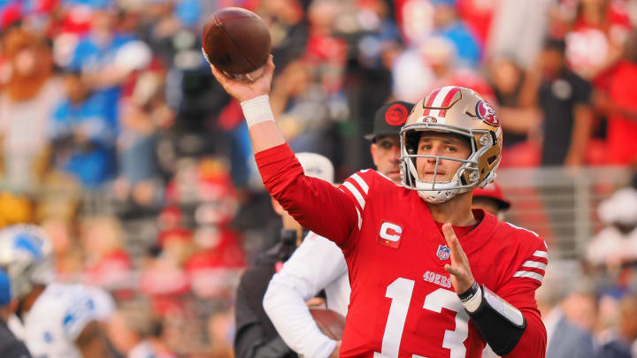 Jan 28, 2024; Santa Clara, California, USA; San Francisco 49ers quarterback Brock Purdy (13) warms up before the NFC Championship football game against the Detroit Lions at Levi's Stadium. Mandatory Credit: Kelley L Cox-USA TODAY Sports