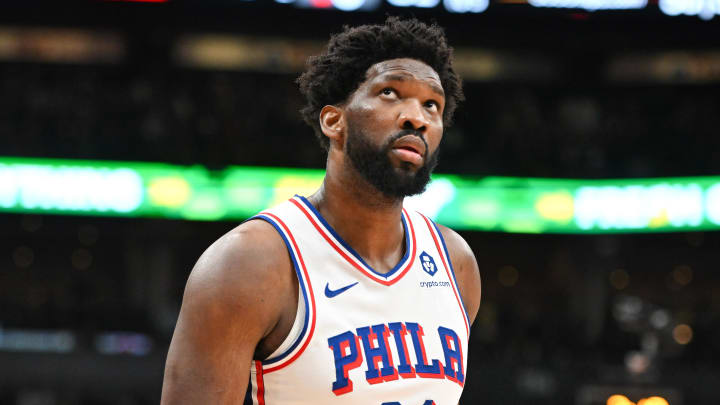 Oct 28, 2023; Toronto, Ontario, CAN;  Philadelphia 76ers center Joel Embiid (21) reacts to a foul call in the first half against the Toronto Raptors at Scotiabank Arena. Mandatory Credit: Dan Hamilton-USA TODAY Sports